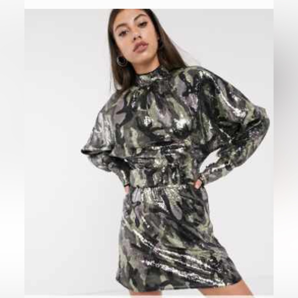 ASOS DESIGN (tall) mini dress in camo sequin in slouchy fit with tie belt